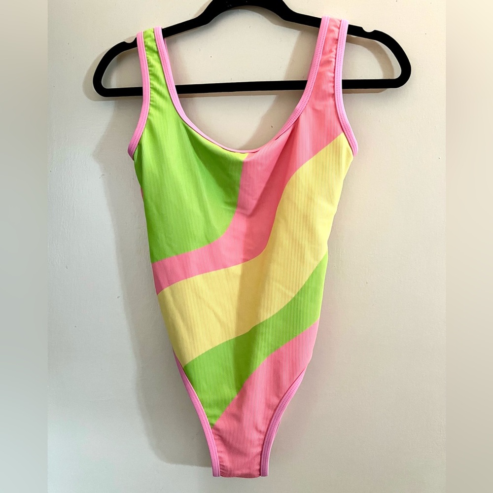 LainSnow Ocean Isle One Piece-Neon Wave Print-Sherbet